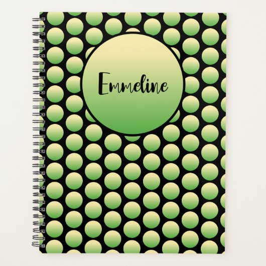 Retro Geel Groen Polka Dots Naam Zwart Planner (Voorkant)