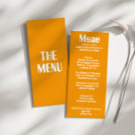 Retro Geel Helder Groovy Moderne Unieke Bruiloft Menu<br><div class="desc">Een kleurrijke retro funky modern helder geel huwelijksdiner menu. Wat een chique sjabloon ontwerp van boho  gele achtergrond en oxford blauw typografie en met de hand geschreven menu in het blauw. En heldere groene achtergrond. Perfect en passend bij de hele suite.</div>
