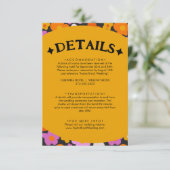 Retro Geel Paarse Bloemen Groovy Bruiloft Details Informatiekaartje (Staand voorkant)