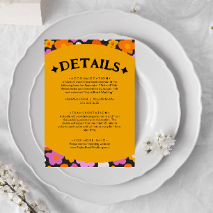Retro Geel Paarse Bloemen Groovy Bruiloft Details Informatiekaartje