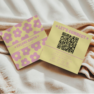 Retro Geel Roze QR Code Groovy Bloemig Meisjesacht Vierkante Visitekaartje