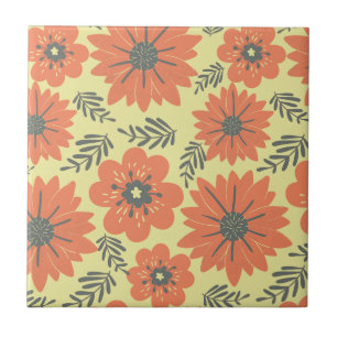 Retro Geel Sinaasappel Groene Bloemen Tegeltje