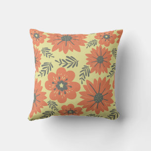 Retro  Geel Sinaasappel Zwart Bloemen Kussen