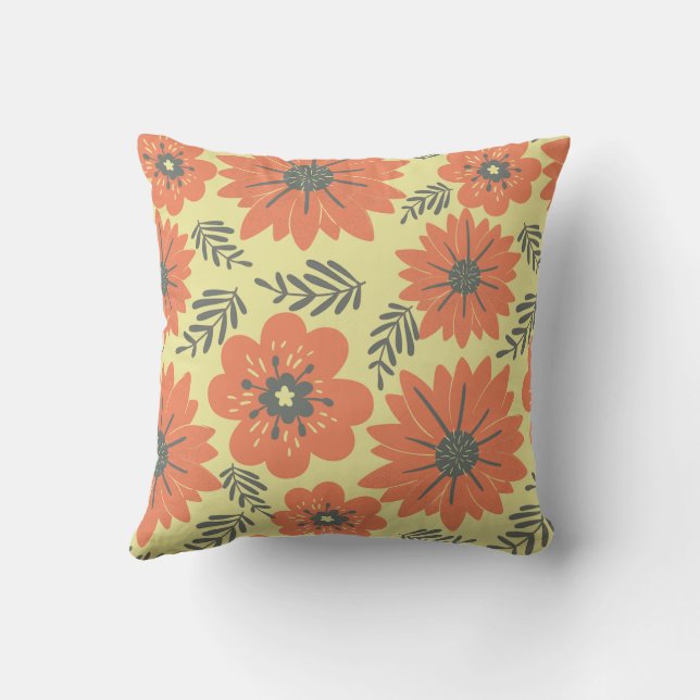 Retro  Geel Sinaasappel Zwart Bloemen Kussen (Achterkant)
