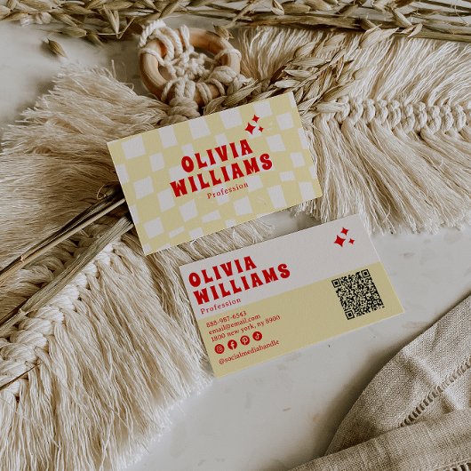 Retro Geel Vetgedrukte Groovy Geruit Funky QR Code Visitekaartje