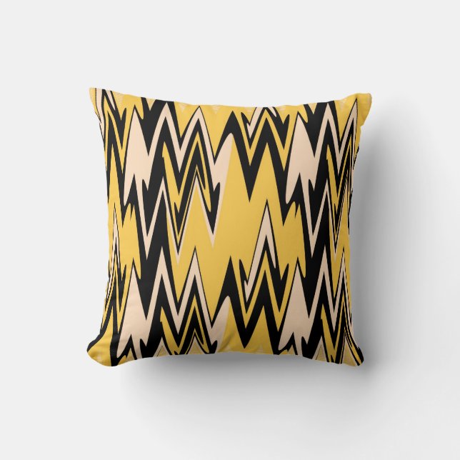 Retro Geel, Zwarte Zigzap Abstracte Art Deco Kussen (Voorkant)