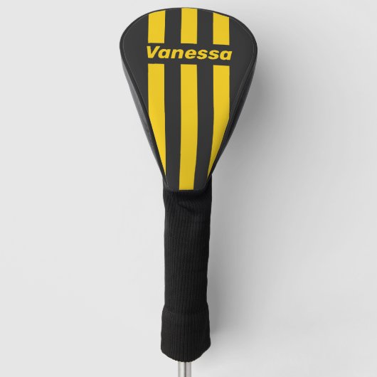 Retro Geeljas Drie Pin Strepen met Naam Golfheadcover (Voorkant)