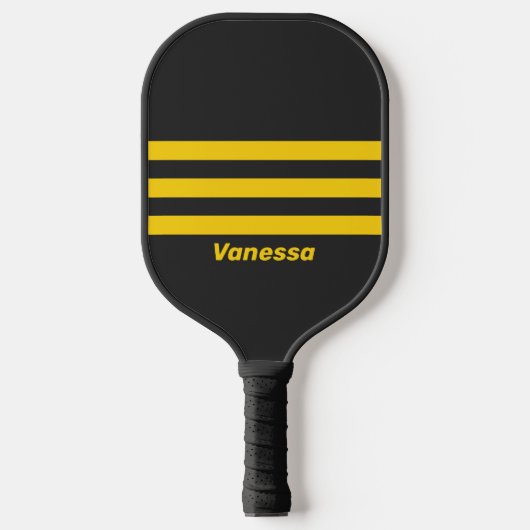 Retro Geeljas Drie Strepen met Naam Pickleball Paddle (Voorkant)