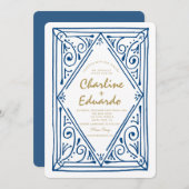 Retro gegolfde blauwe kant trouw uitnodiging (Voorkant / Achterkant)