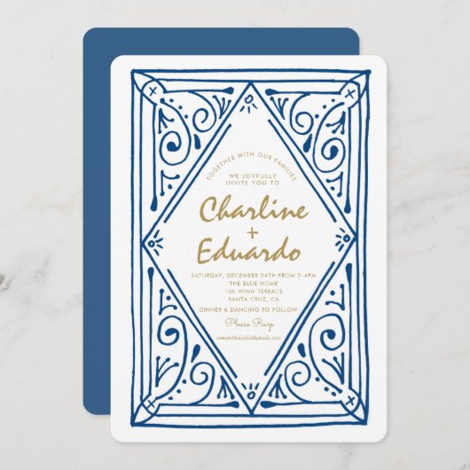 Retro gegolfde blauwe kant trouw uitnodiging (Voorkant / Achterkant)