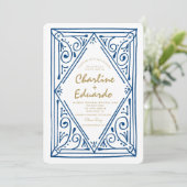 Retro gegolfde blauwe kant trouw uitnodiging (Staand voorkant)