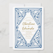 Retro gegolfde blauwe kant trouw uitnodiging (Voorkant)