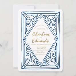 Retro gegolfde blauwe kant trouw uitnodiging