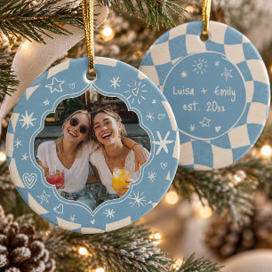 Retro gegolfde geruite foto van beste vriendinnen keramisch ornament