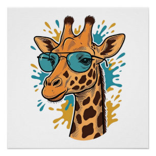 Retro gegraveerde koele bril met giraffe T-shirt D Perfect Poster