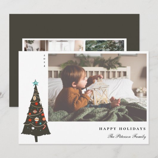 Retro geïllustreerd kerstboommodel Modern Feestdagenkaart (Voorkant / Achterkant)