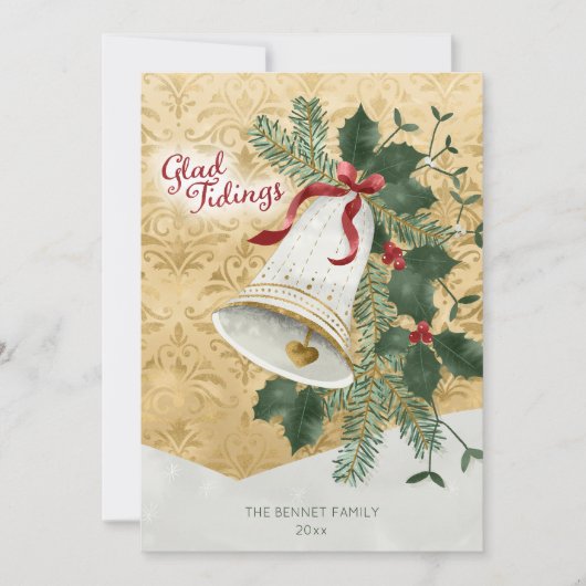 Retro geïllustreerde Bell Glad Tidings Kerstmis Feestdagenkaart (Voorkant)