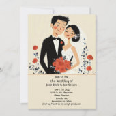 Retro geïllustreerde gelukkige paar bruiloft uitno kaart (Voorkant)