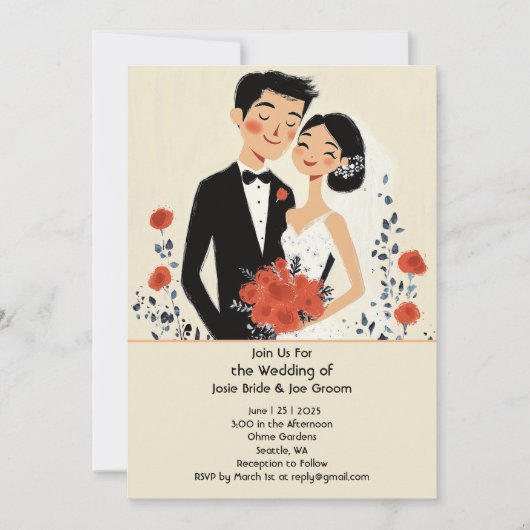 Retro geïllustreerde gelukkige paar bruiloft uitno kaart (Voorkant)