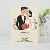 Retro geïllustreerde gelukkige paar bruiloft uitno kaart (Staand voorkant)