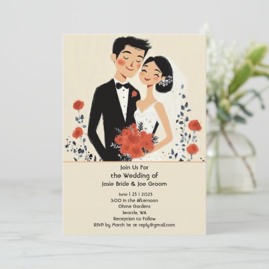 Retro geïllustreerde gelukkige paar bruiloft uitno kaart (Staand voorkant)