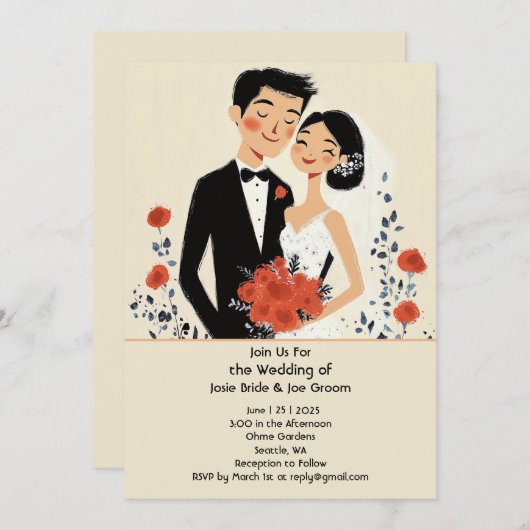 Retro geïllustreerde gelukkige paar bruiloft uitno kaart (Voorkant / Achterkant)