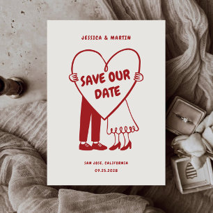 Retro geïllustreerde monochrome rode thema trouwda save the date