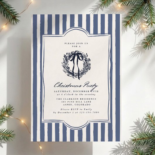 Retro geïnspireerd blauw gestreept kerstfeest kaart