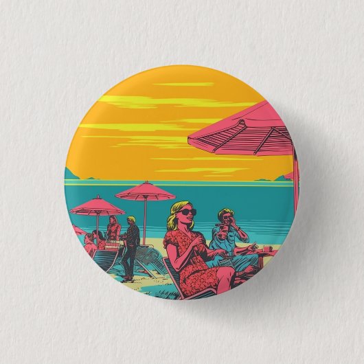 Retro geïnspireerde badge, knoop, speld strand ronde button 3,2 cm (Voorkant)