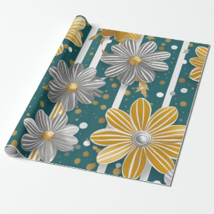 Retro-geïnspireerde gouden bloemen zilveren sterre cadeaupapier