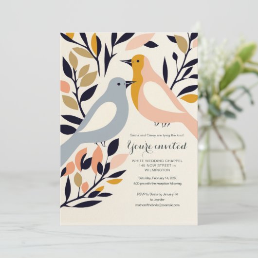 Retro-geïnspireerde liefdesvogeluitnodiging kaart (Staand voorkant)