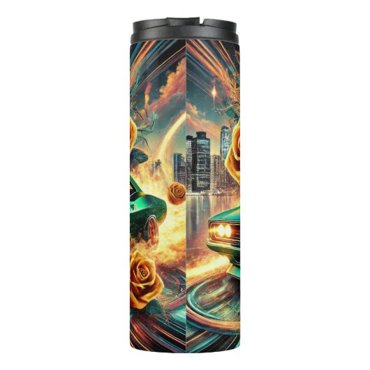 Retro-geïnspireerde Muscle Car met levendige bloem Thermosbeker (Achterkant)