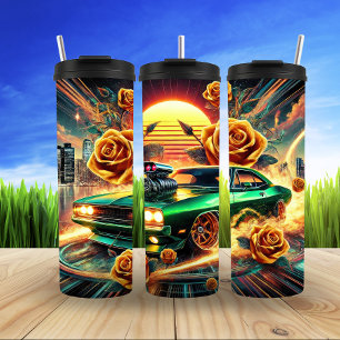 Retro-geïnspireerde Muscle Car met levendige bloem Thermosbeker