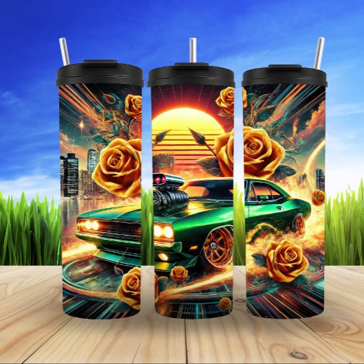Retro-geïnspireerde Muscle Car met levendige bloem Thermosbeker
