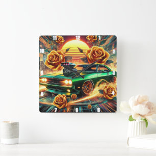 Retro-geïnspireerde Muscle Car met levendige bloem Vierkante Klok