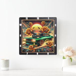 Retro-geïnspireerde Muscle Car met levendige bloem Vierkante Klok