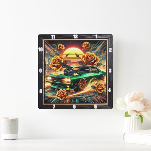 Retro-geïnspireerde Muscle Car met levendige bloem Vierkante Klok (Huis)