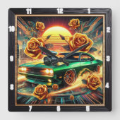 Retro-geïnspireerde Muscle Car met levendige bloem Vierkante Klok (Voorkant)