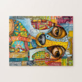 Retro-geïnspireerde pop-art hondengezicht met leve legpuzzel (Horizontaal)