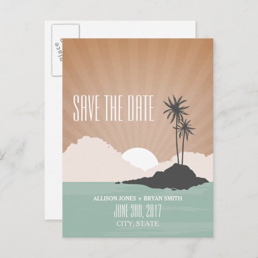 Retro Geïnspireerde strand bruiloft op eiland bewa Aankondigingskaart (Voorkant / Achterkant)