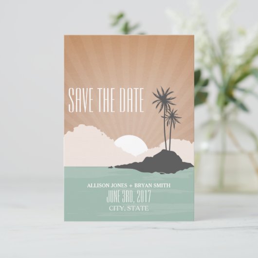 Retro Geïnspireerde strand bruiloft op eiland bewa Save The Date (Staand voorkant)