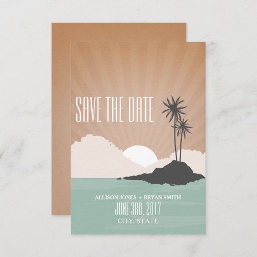 Retro Geïnspireerde strand bruiloft op eiland bewa Save The Date (Voorkant / Achterkant)