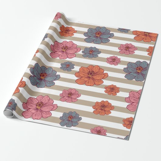 Retro gekleurd bloemenpatroon cadeaupapier (Uitgerold)