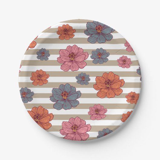 Retro gekleurd bloemenpatroon papieren bordje (Voorkant)