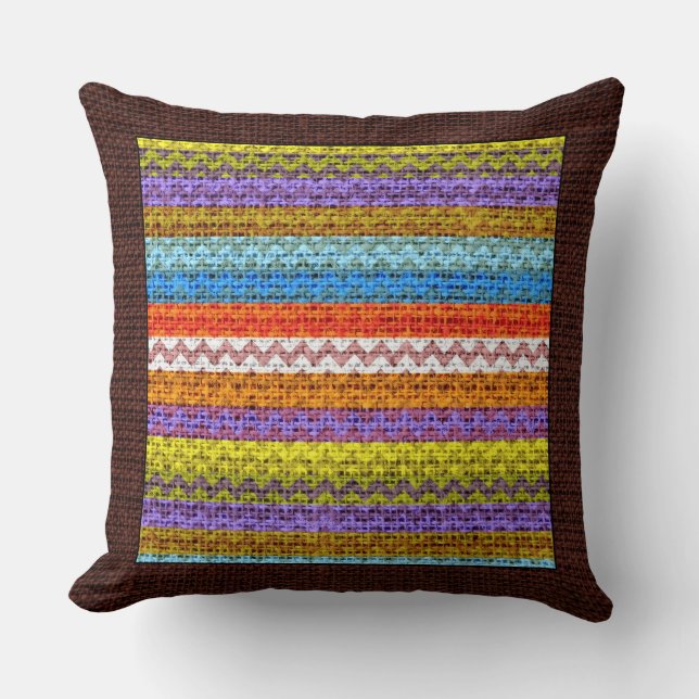Retro gekleurde Chevron Modern Burlap Border Kussen (Voorkant)