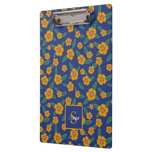 Retro gele bloem patroon Monogram Naam – Blauw Klembord (Links)