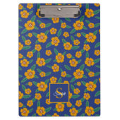 Retro gele bloem patroon Monogram Naam – Blauw Klembord (Voorkant)