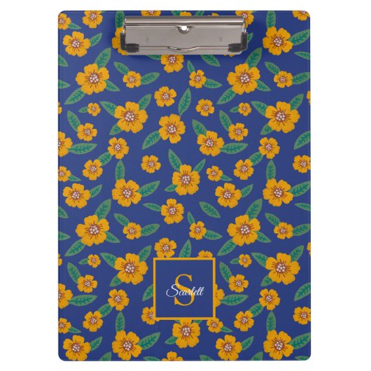 Retro gele bloem patroon Monogram Naam – Blauw Klembord (Voorkant)