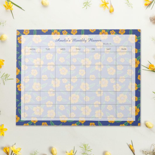 Retro Gele Bloemen Marine Maandelijkse Planner Naa Notitieblok