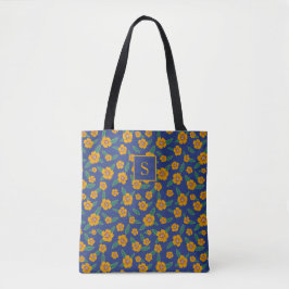 Retro Gele Bloemen Patroon Monogram Marine Tote Bag